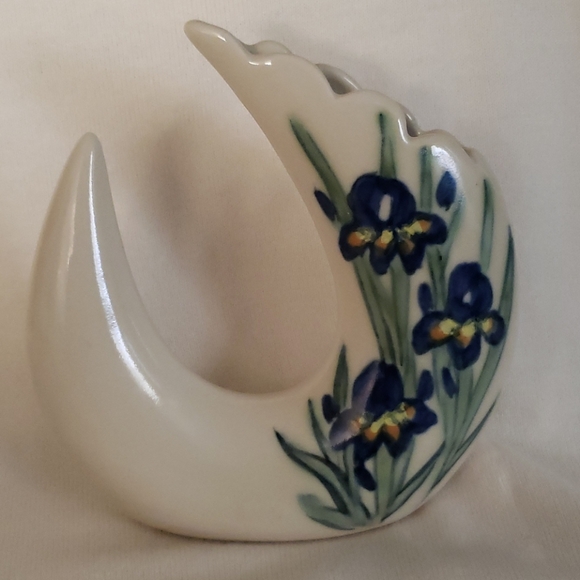 Pottery Crescent Moon Shaped with Iris Motif Vase - Picture 1 of 7